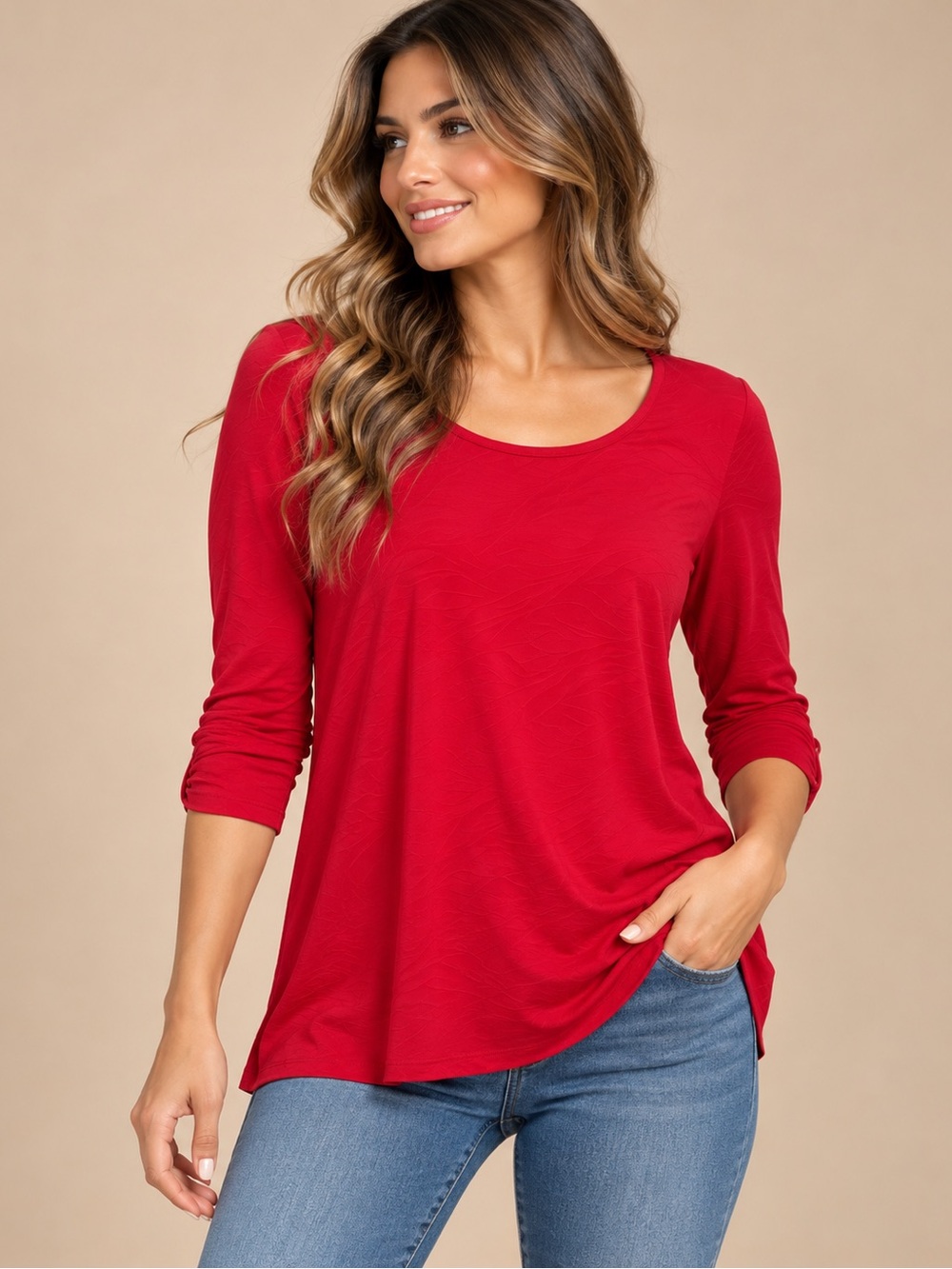 Croft & Barrow Red Textured Scoop Neck 3/4 Sleeve Top XL